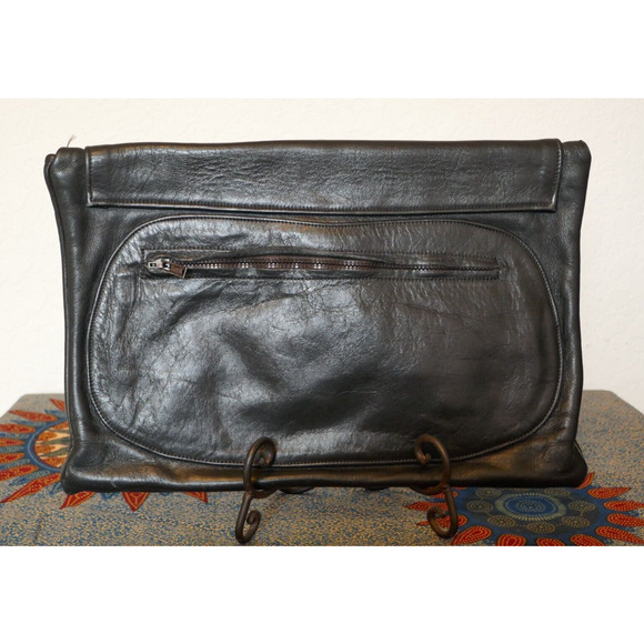 Vintage Black Leather Envelope Strapless Unisex Clutch Bag 9" x 13" Boho Hippie - Picture 8 of 16
